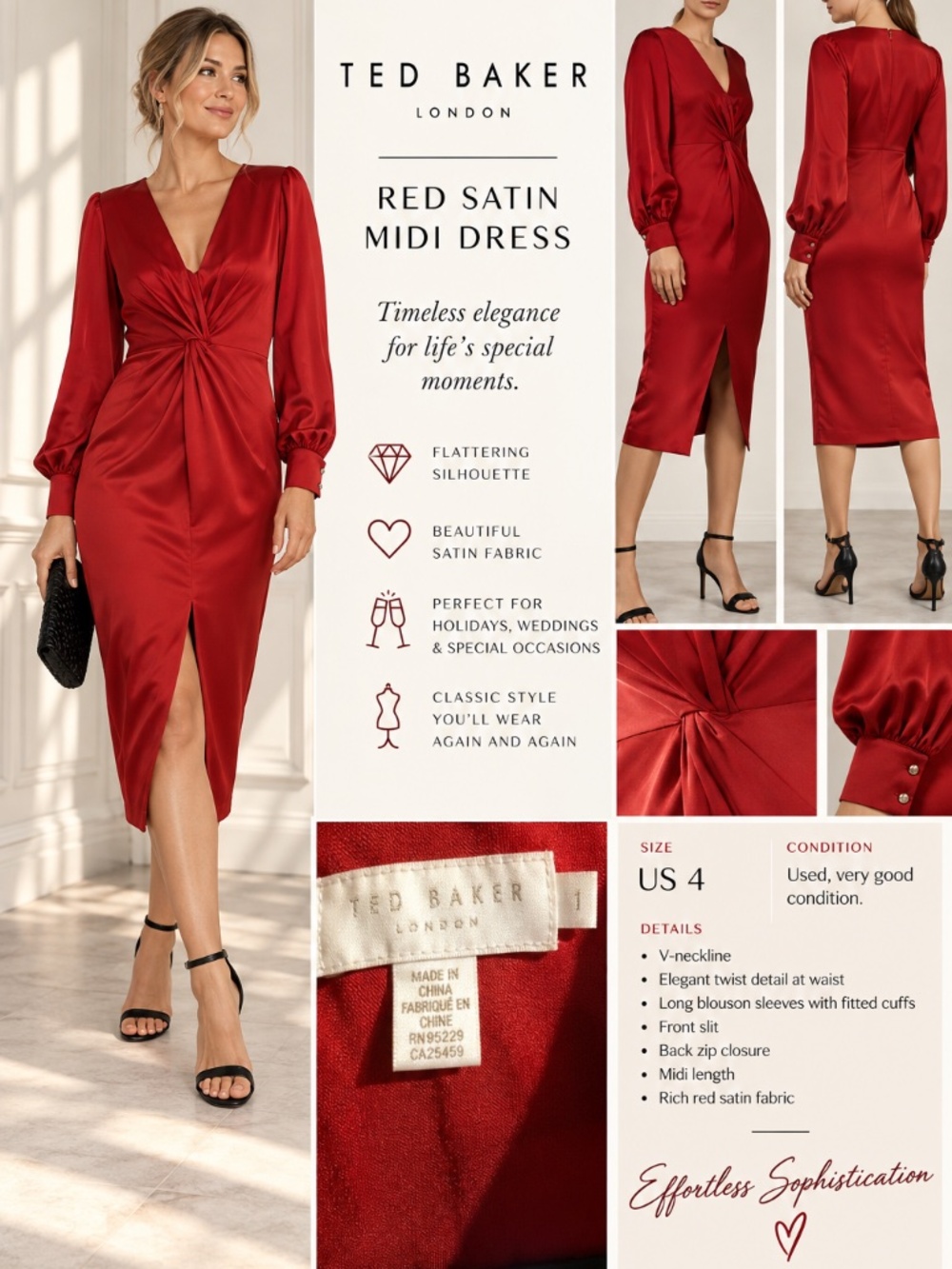 Ted Baker Red Dress Size 4 (Ted Baker size 1)